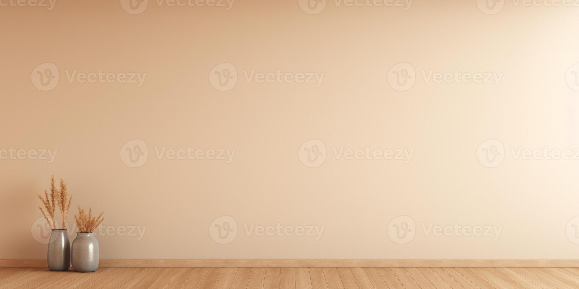 AI Generated Empty Room With Beige Wall Background. Bright Studio With Flowers In Vase On Wooden Floor photo