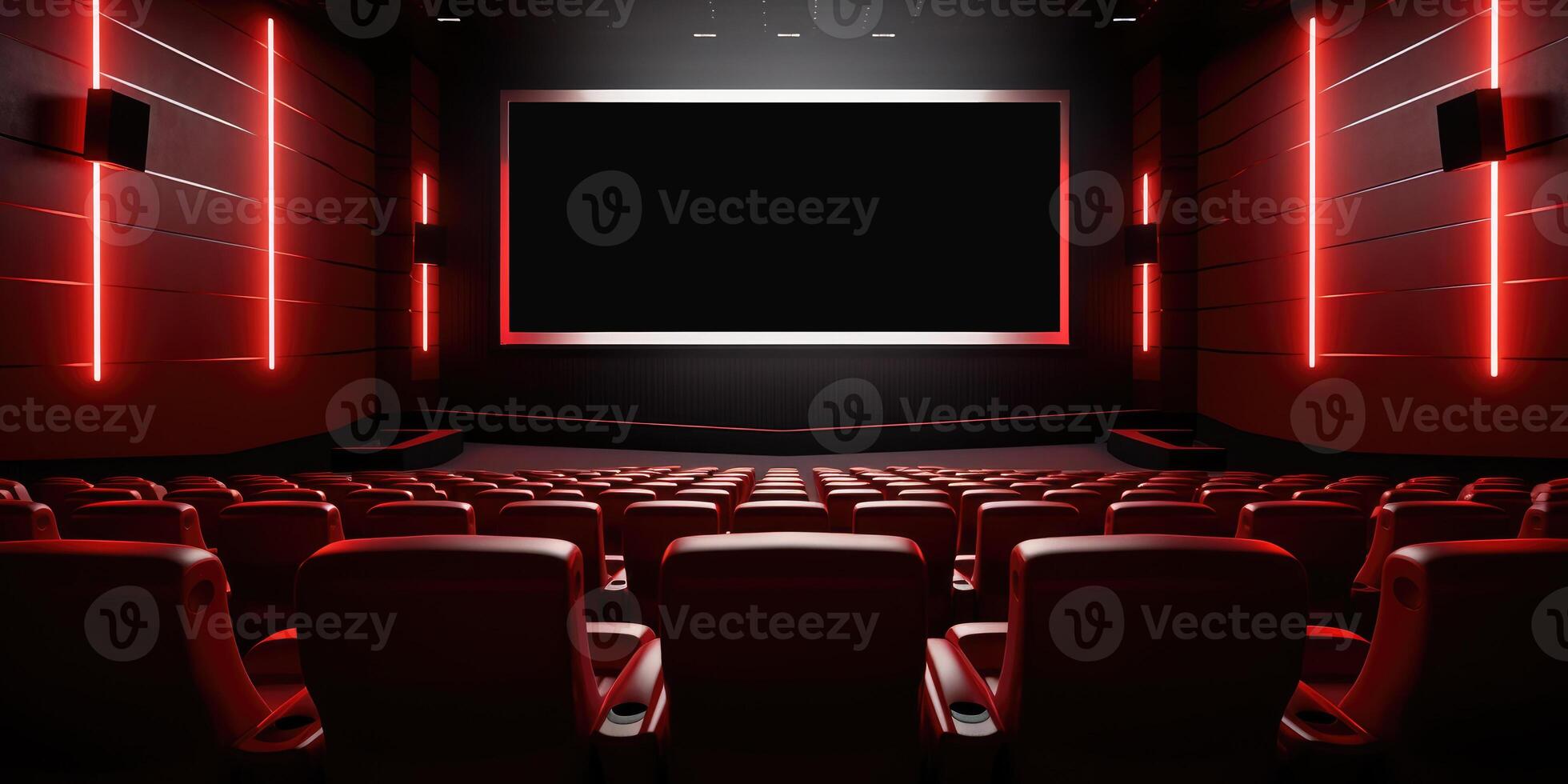 AI Generated Modern Cinema Room With Red Chairs, Black Screen and Neon Lights On Walls. Viewed Over Screen. Generative AI photo