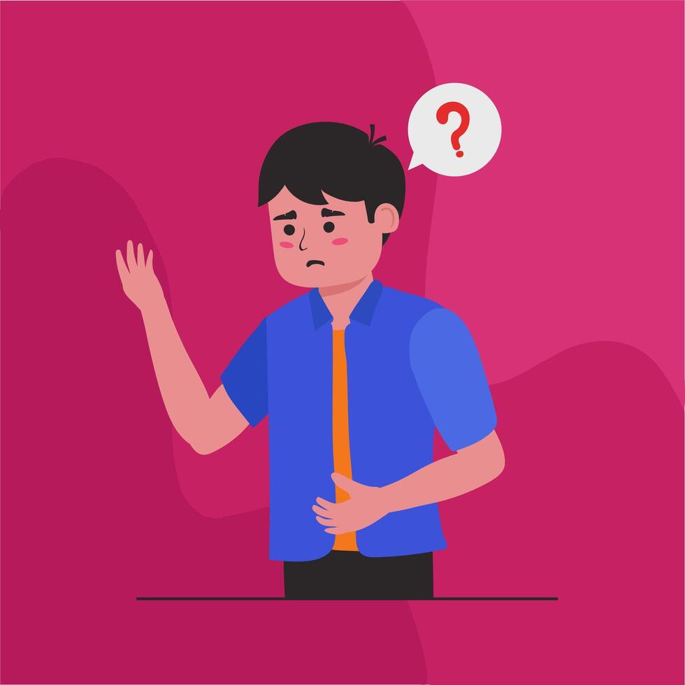 Confused Man is thinking in question marks. Vector image in cartoon flat style appropriate for poster, banner, and motion graphic design elements.
