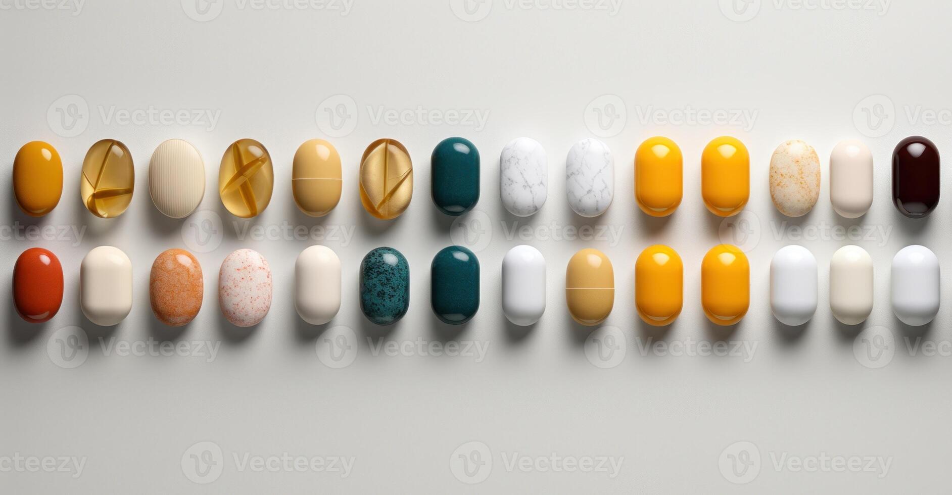 ai generado vistoso pastillas en fila. medicamento, vitaminas, cápsulas farmacia y salud cuidado concepto foto