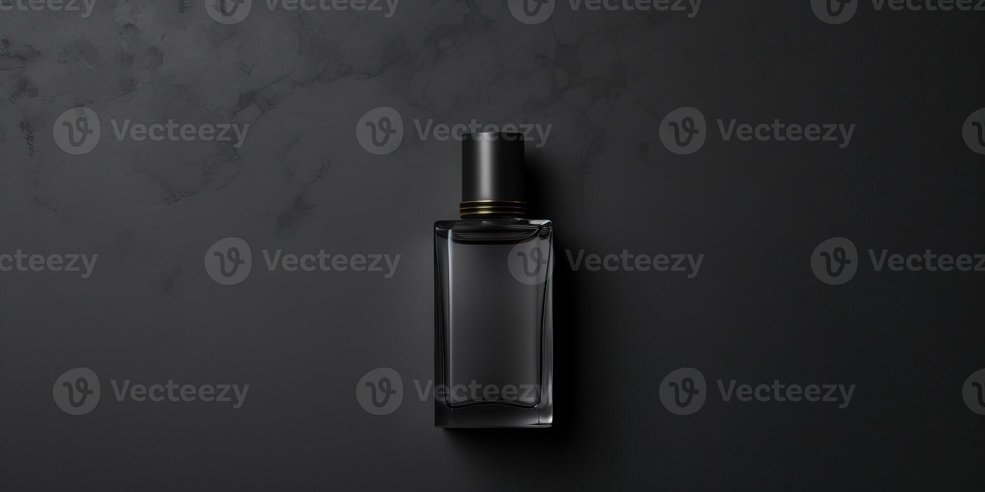 AI Generated Perfume In Transparent Glass Bottle On Black Background. Spray Perfumery. Luxury Fragrance Container. Men Cologne. Top View, Closeup. photo