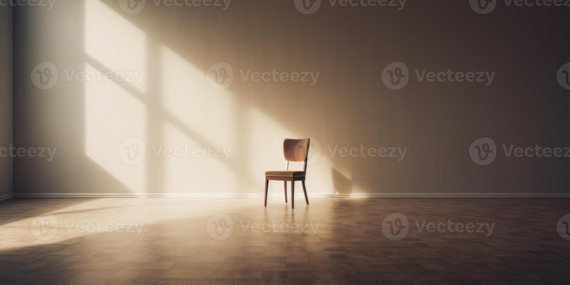 AI Generated Single Chair In Empty Room, Sun Light From Window. Wooden Furniture. Minimal Interior, Loneliness Concept. Generative AI photo