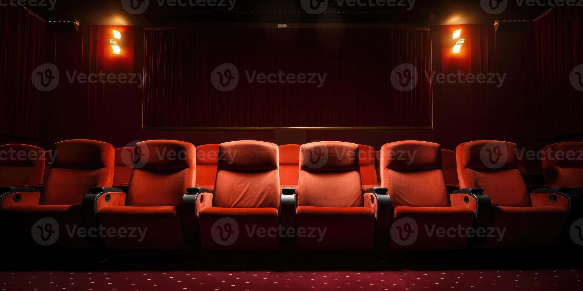 AI Generated Cinema Red Empty Chairs. Velvet Theater Seats in Row. Concept of entertainment. Front View. Generative AI photo