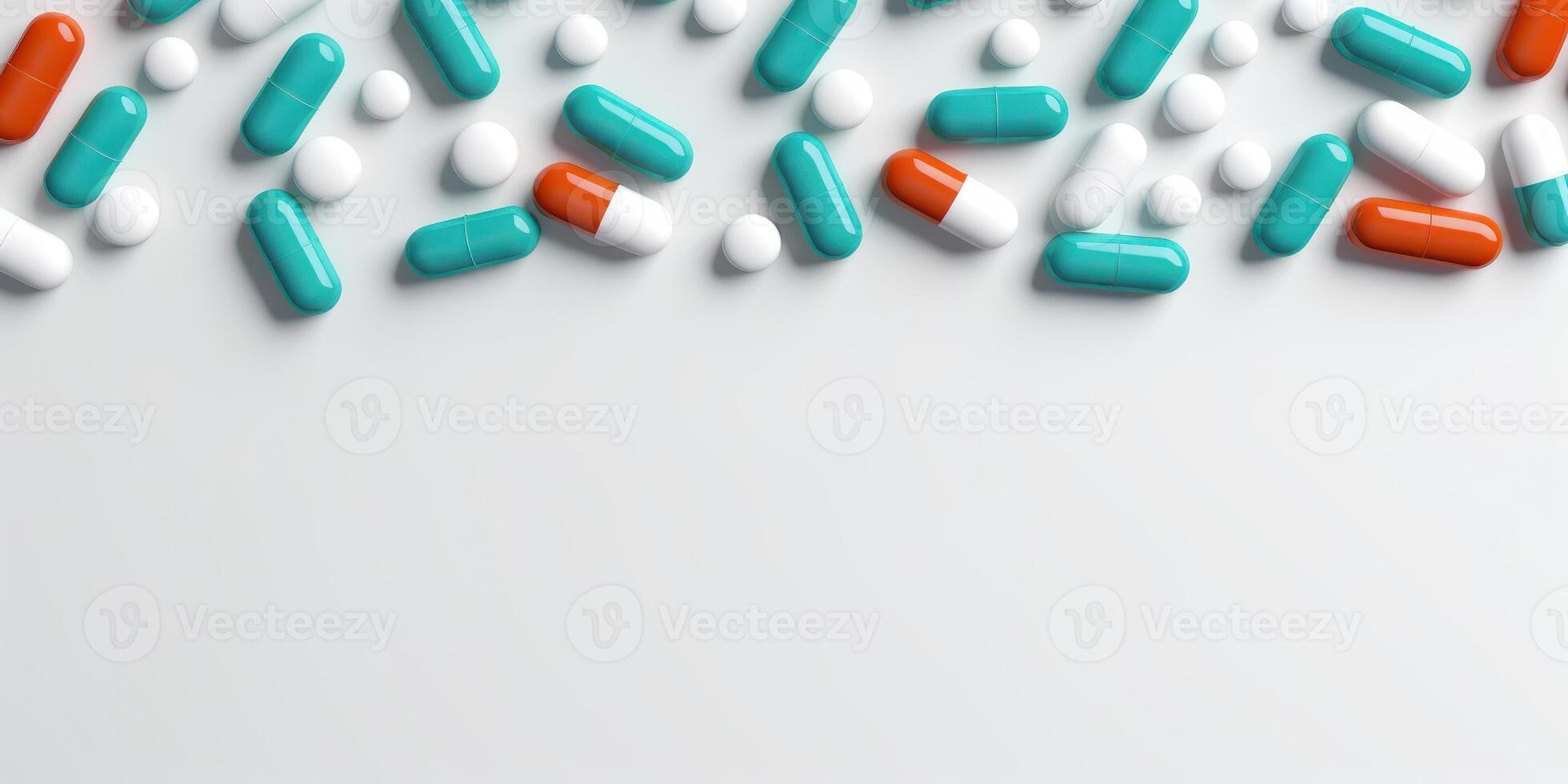 AI Generated Medical Pill Composition. Capsules, Tablets, and Medication Background. Health and Pharmacy Concept with Copy Space photo