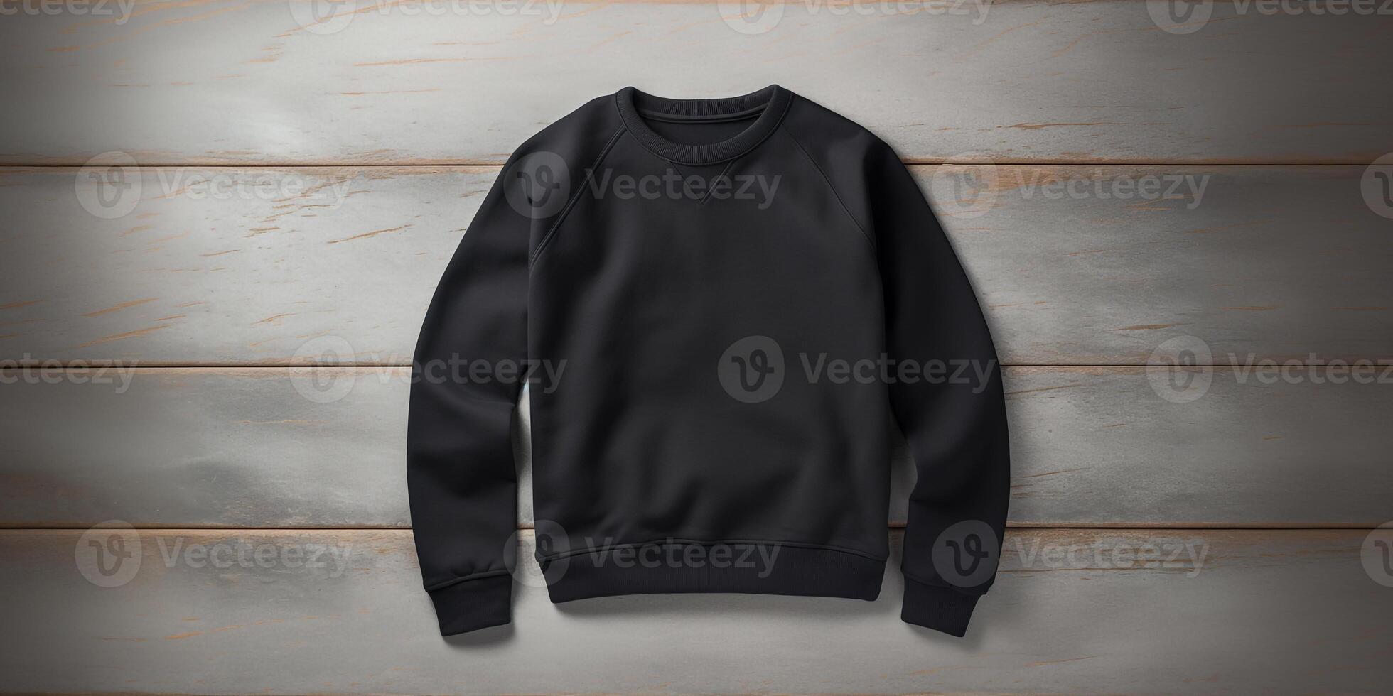 AI Generated Men Black Sweater On Wooden Background. Man's Casual Apparel. Sweatshirt, Male Clothing. photo