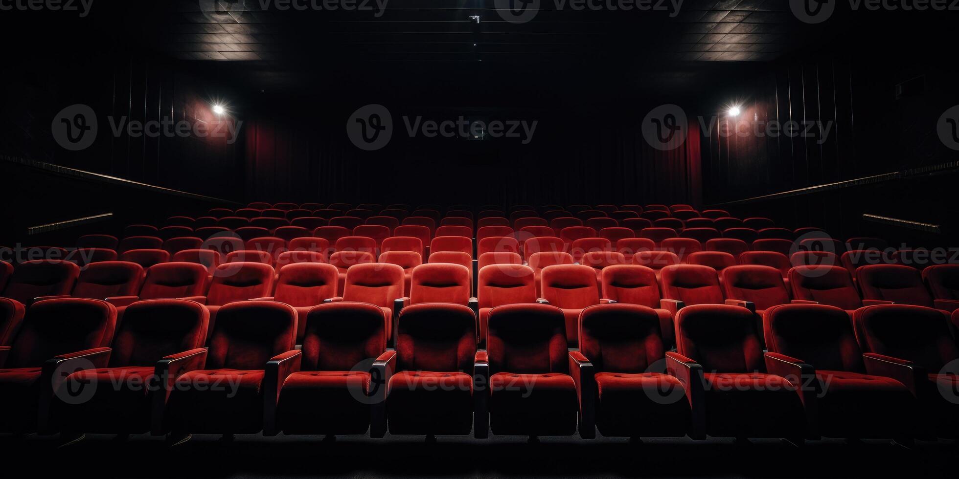 AI Generated Red Cinema Chairs in a Dark Theatre with Spotlight Illumination. Concept of entertainment. Front View. Generative AI photo