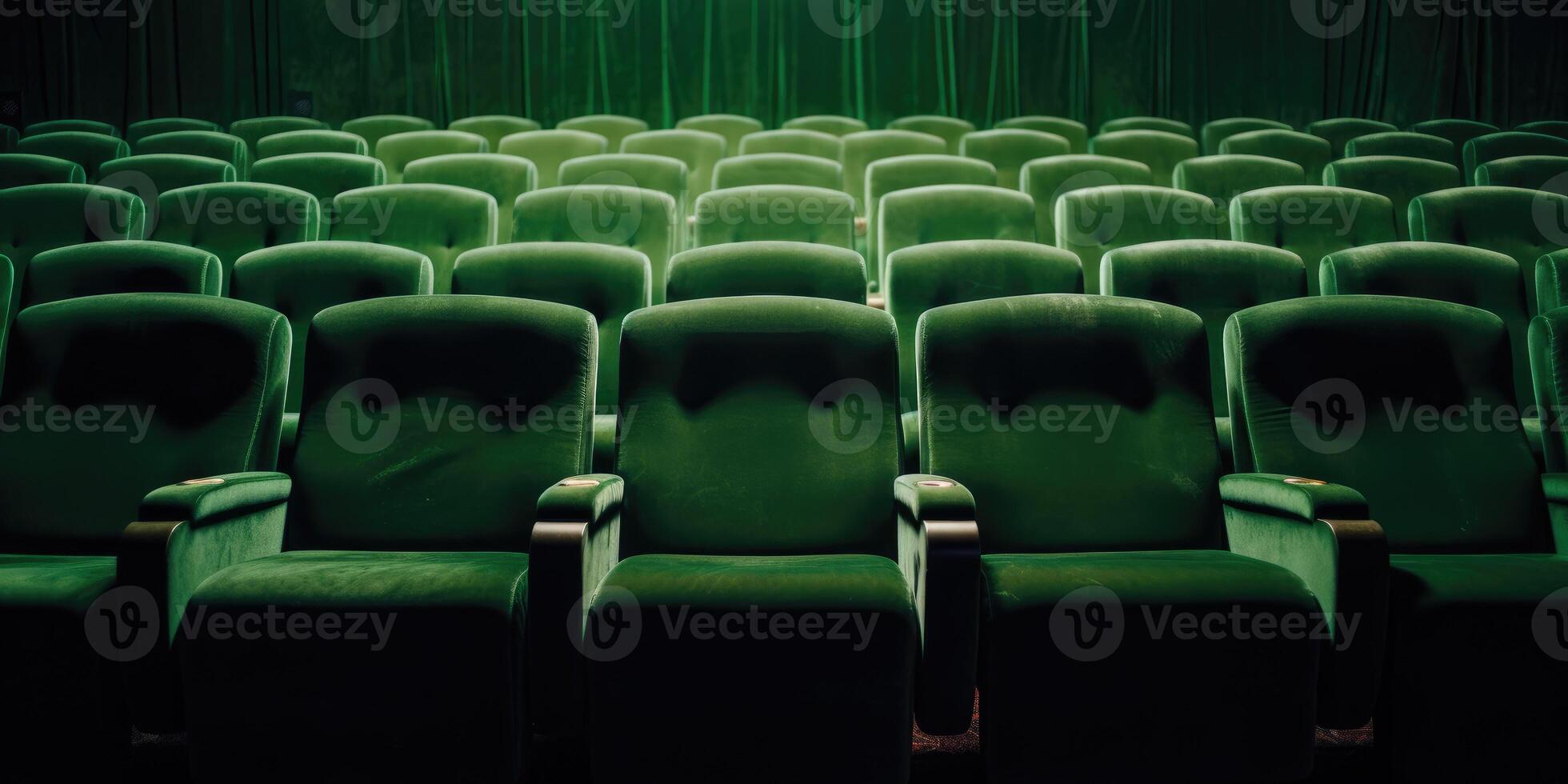 AI Generated Row of Vintage Green Theatre Seat in a Empty Venue. Retro Green Chairs of Cinema in Row. Front View. Generative AI photo