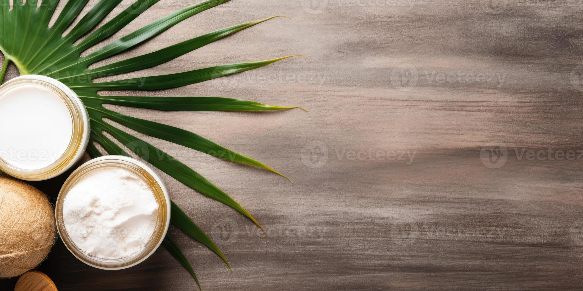 AI generated Cosmetic Products Jars With Palm Leaf And Coconut Composition On Wooden Background. Top View Of Natural Cream In Open Jar With Copy Space. photo