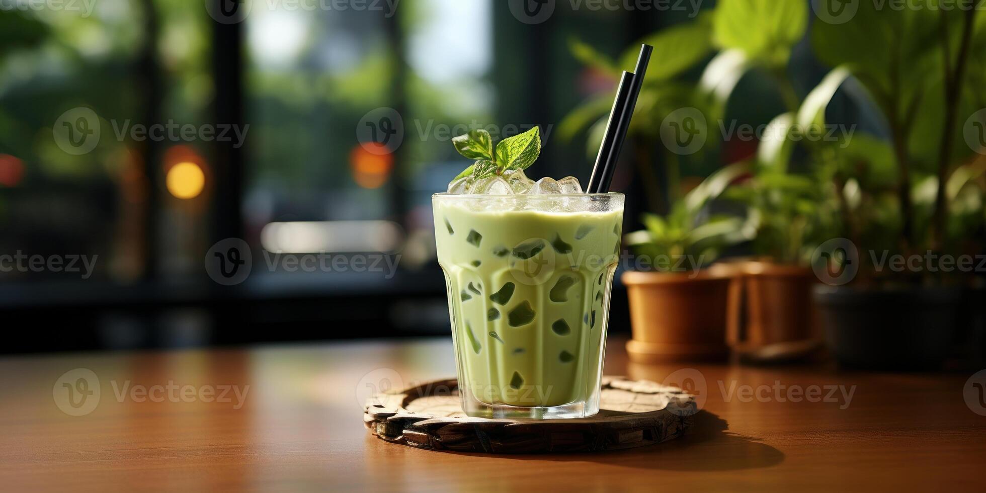 AI Generated Iced Matcha With Iced Cubes. Cold Green Tea With Milk In Tall Glass. Healthy Organic Beverage With Plastic Straw. Cool Delicious Drink On Table. photo