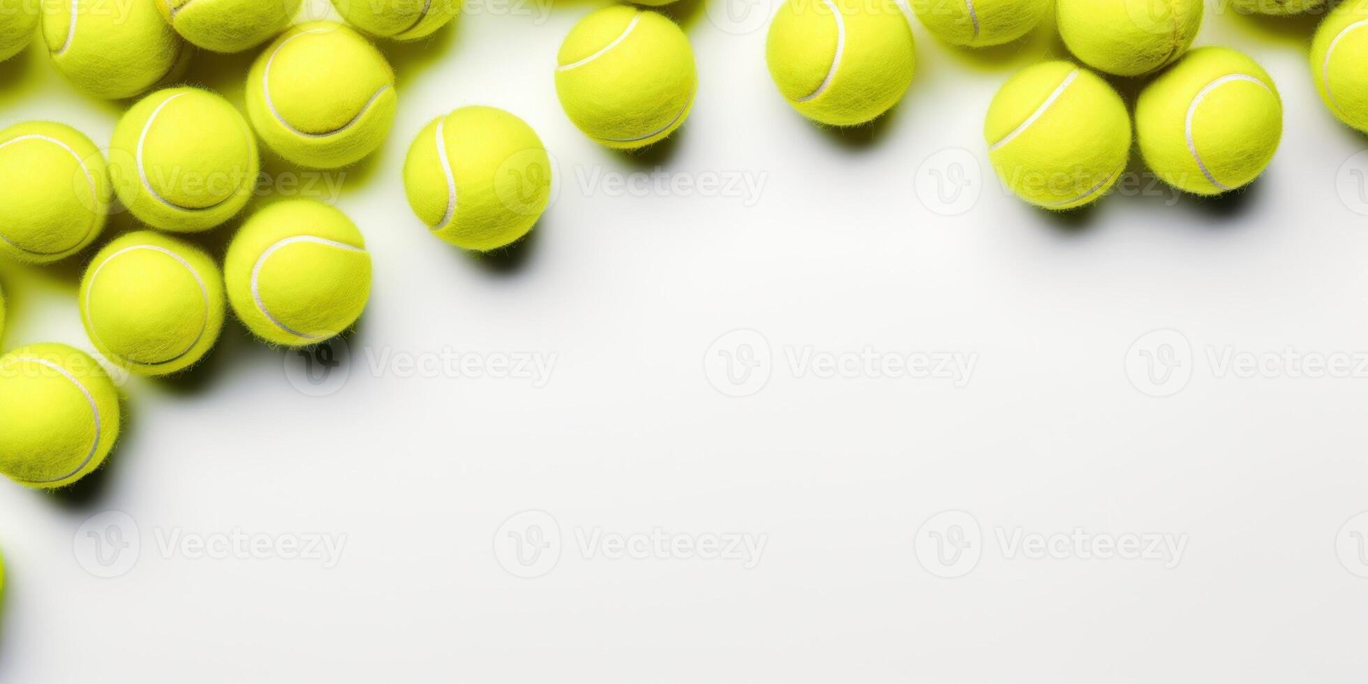 AI Generated Tennis Ball Pile on White Background with Copy Space. Exercise and Recreation Concept. Group Of Sport Equipment photo