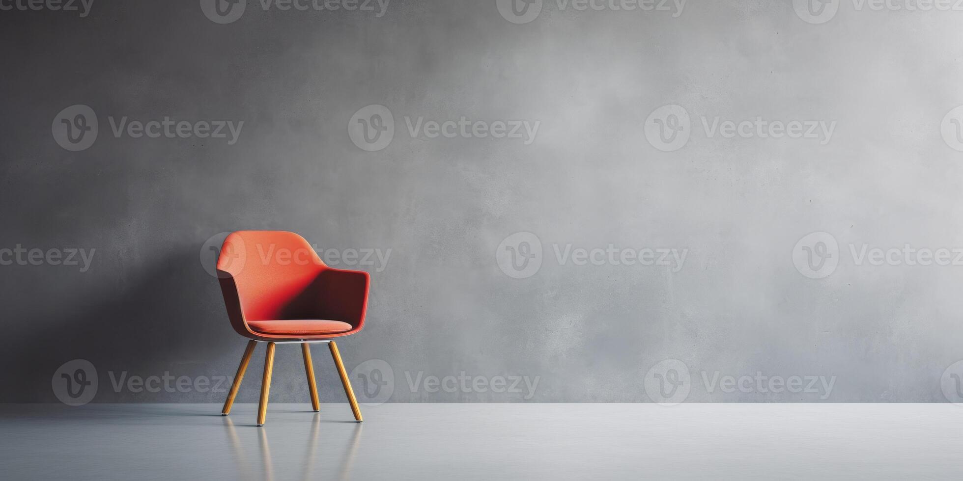 AI Generated Red Chair in an Empty Room With Grey Wall Background. Vintage and Elegant Studio. Copy Space photo