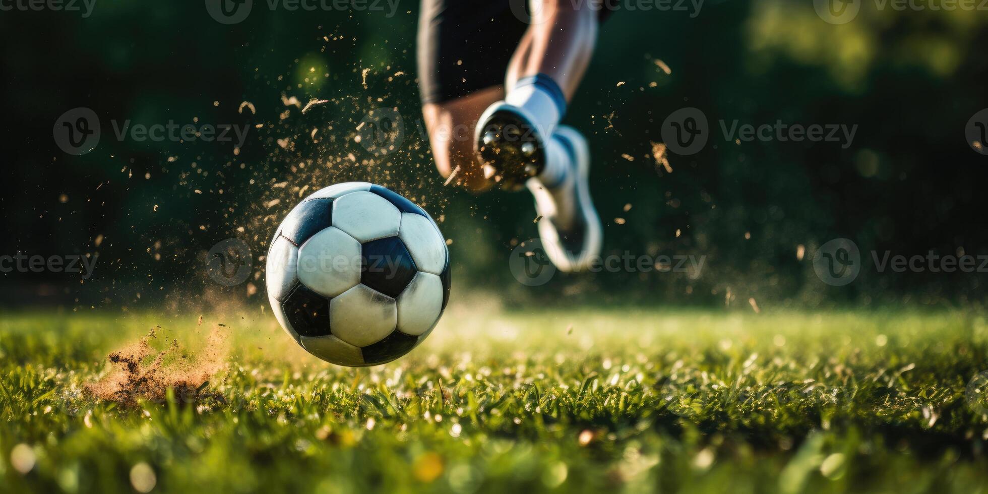 ai generado patada de fútbol pelota en verde campo con suciedad volador. cerca arriba de fútbol zapato golpear pelota. generativo ai foto