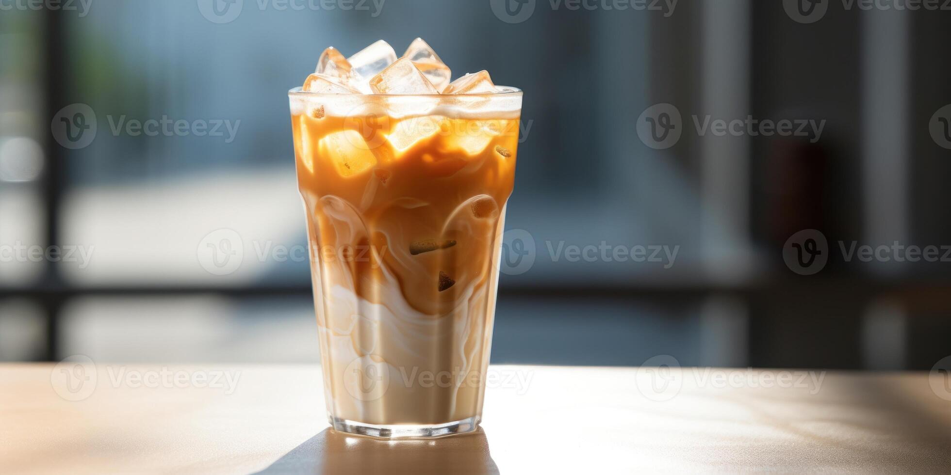 AI Generated Iced Coffee In Tall Glass With Iced Cubes. Cold Caffeine Delicious Drink. Cool Cappuccino Or Latte On Table. Refreshing Beverage. photo