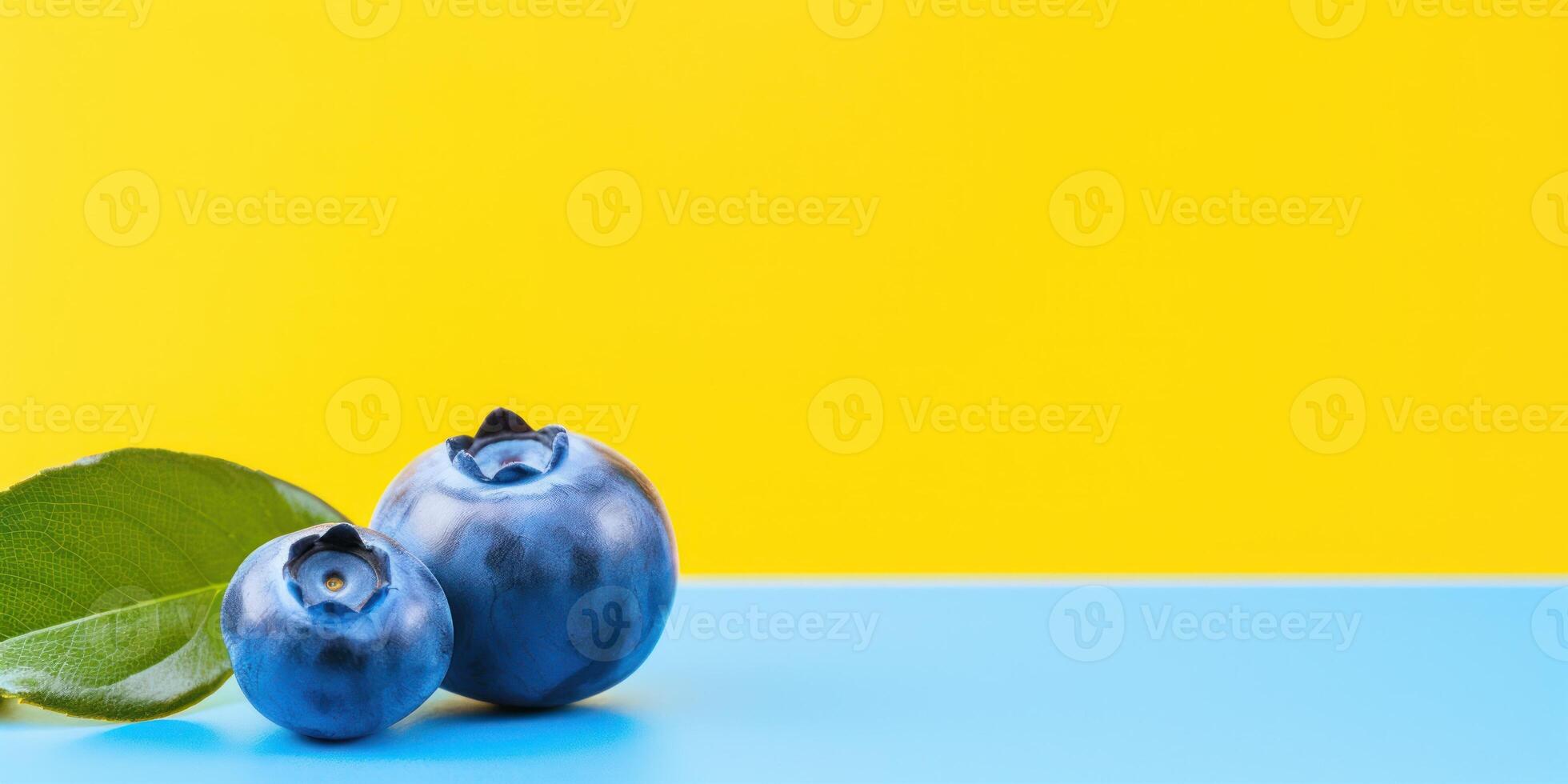 AI Generated Ripe Blueberry on Yellow Background and Blue Surface. Wild Berry, Vegetarian Sweet Food. Generative AI photo