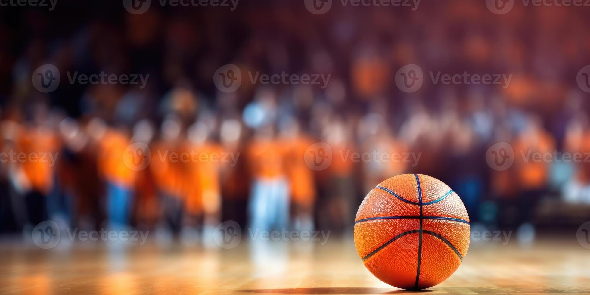 AI Generated Orange Ball on Basketball Court with Blurred Spectators in the Background. Sports Game Match. Generative AI photo