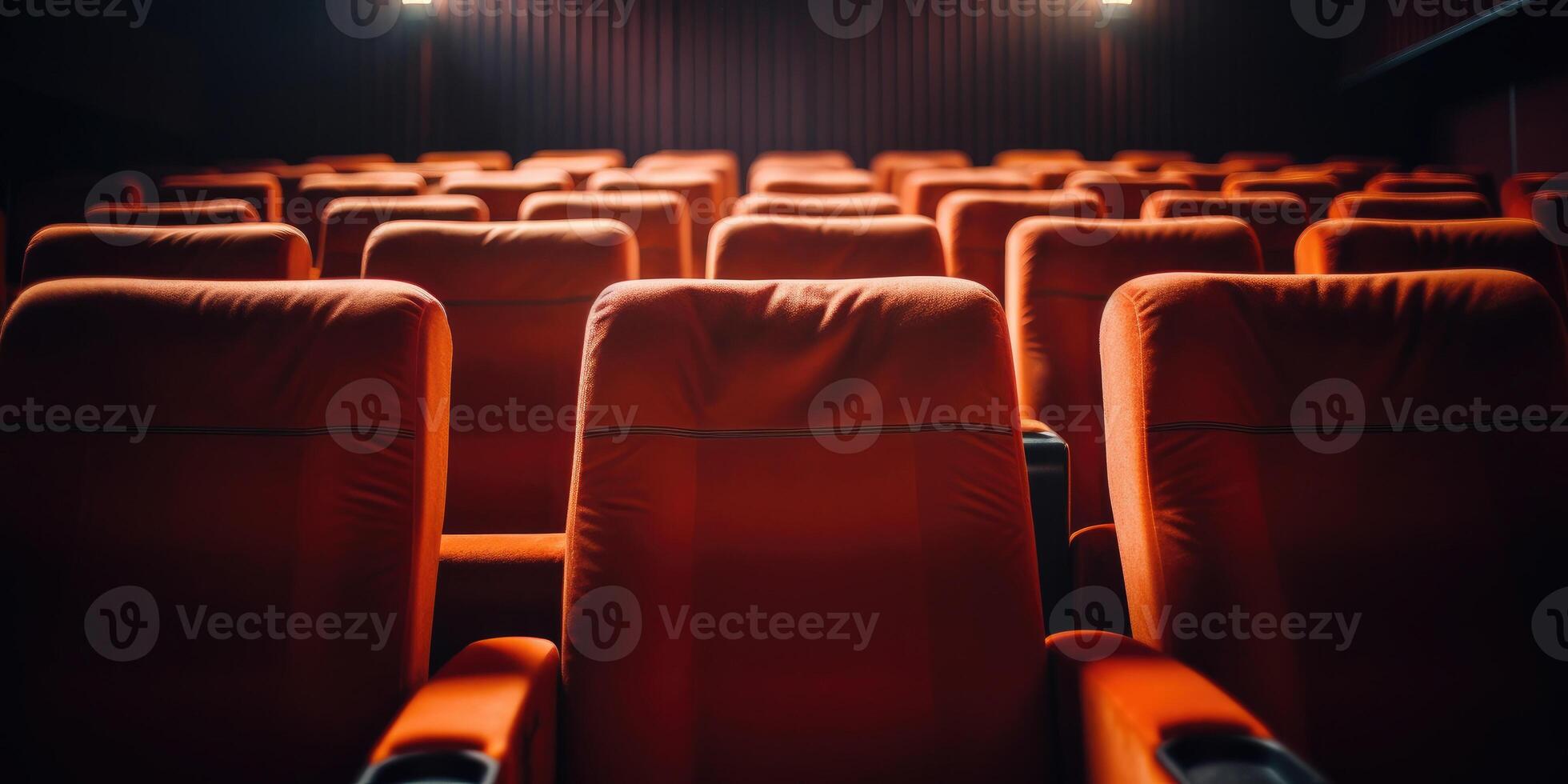 AI Generated Close up Comfortable Soft Red Chairs in Empty Movie Cinema. Close up Red Seats in a Row. Generative AI photo