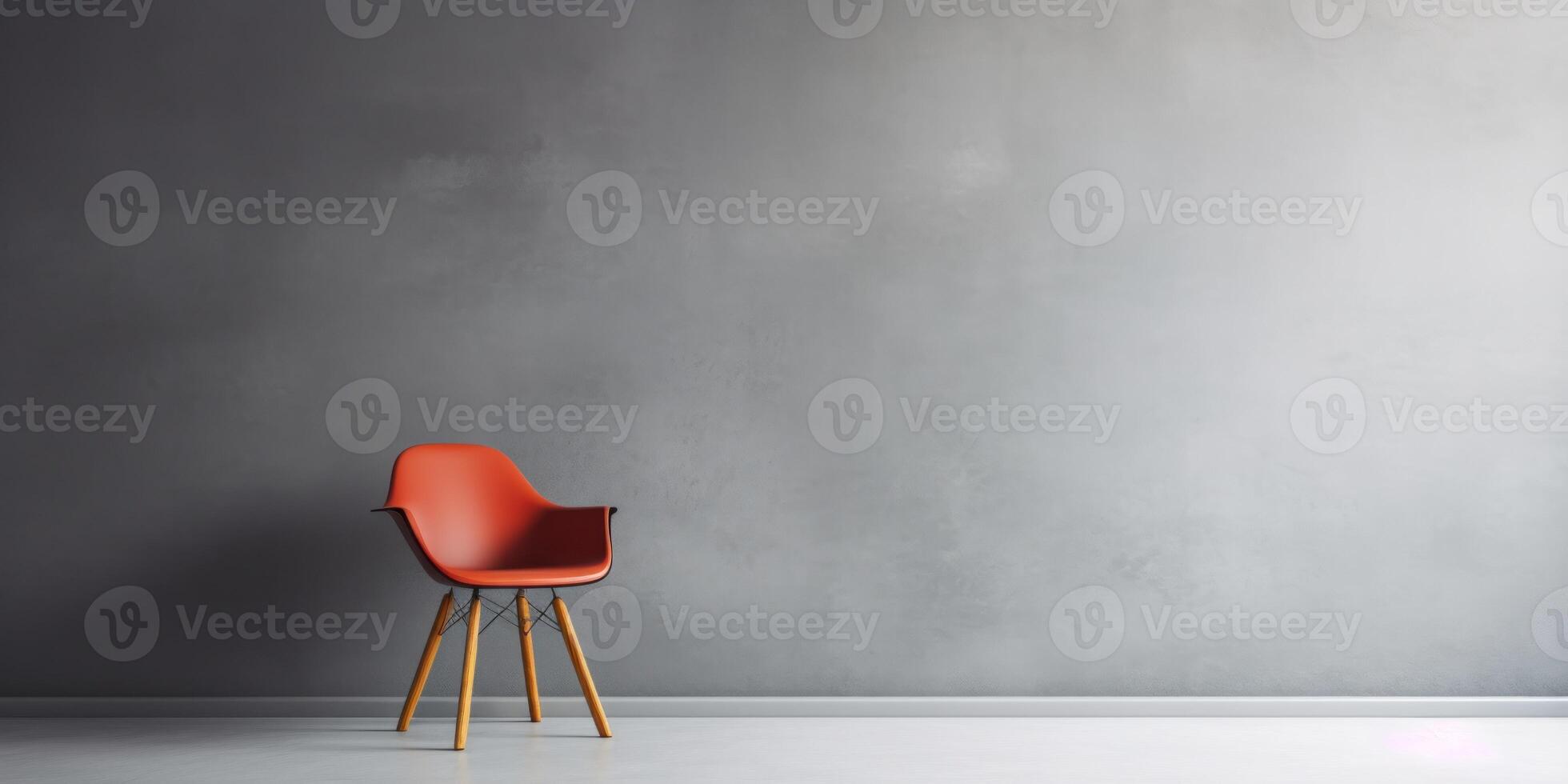 AI Generated Empty Room With Grey Wall Background And Red Chair, Copy Space. Minimal Simple Elegant Studio photo