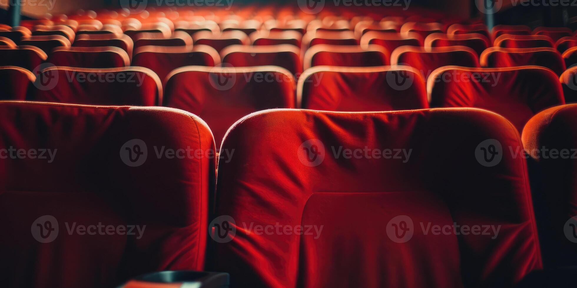 ai generado calurosamente iluminado rojo terciopelo asientos en un íntimo película teatro ajuste. cerca arriba ver de rojo asientos en filas frente vista. generativo ai foto