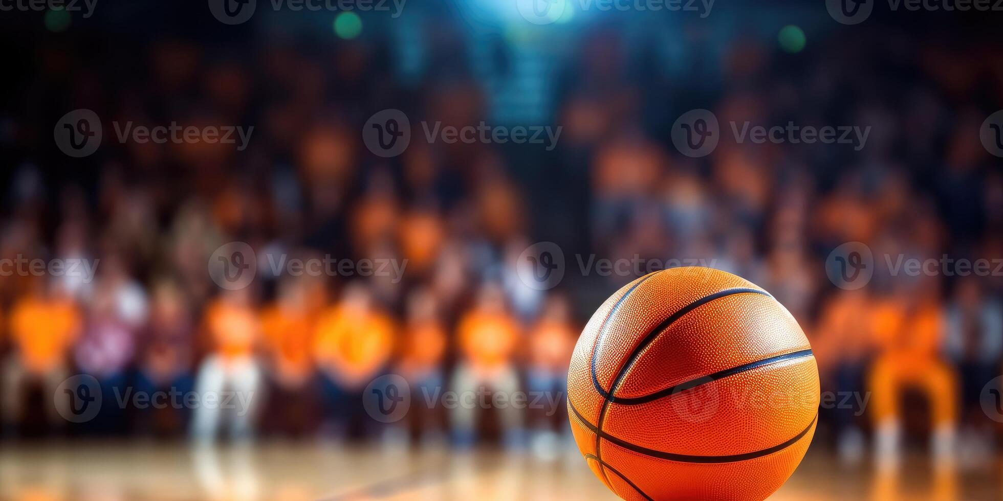 AI Generated Basketball Court with Blurred Fans in Background. Close-up Ball, Sport Game. Generative AI photo