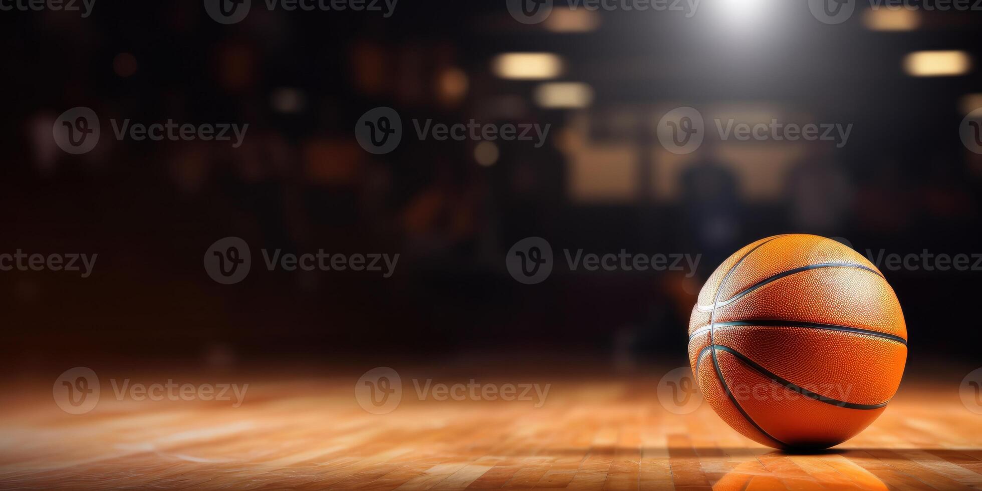 AI Generated Close-up of an Orange Basketball on a Hardwood Court, Indoor Sports Arena, Copy Space. Generative AI photo