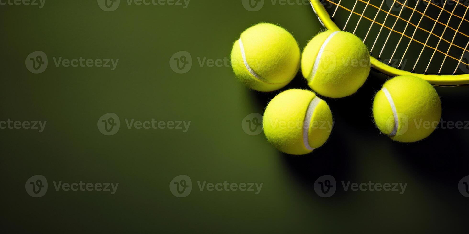 AI Generated Pile of Tennis Balls And Racket Composition. Sport Equipment Background with Copy Space. Healthy Lifestyle photo