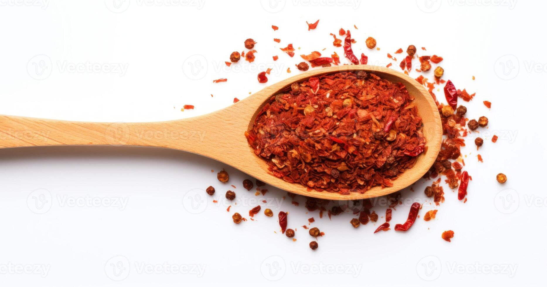 AI Generated Spice Chili Flake In Wooden Spoon On White Background. Top View Of Red Pepper Pile, Spicy Dry Seasoning. Hot Organic Condiment. Food Ingredients. photo