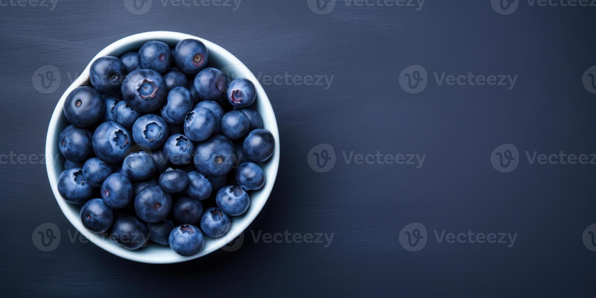 AI Generated Ceramic Bowl with Blueberries on Blue Background with Copy Space. Organic Vegetarian Food. Generative AI photo