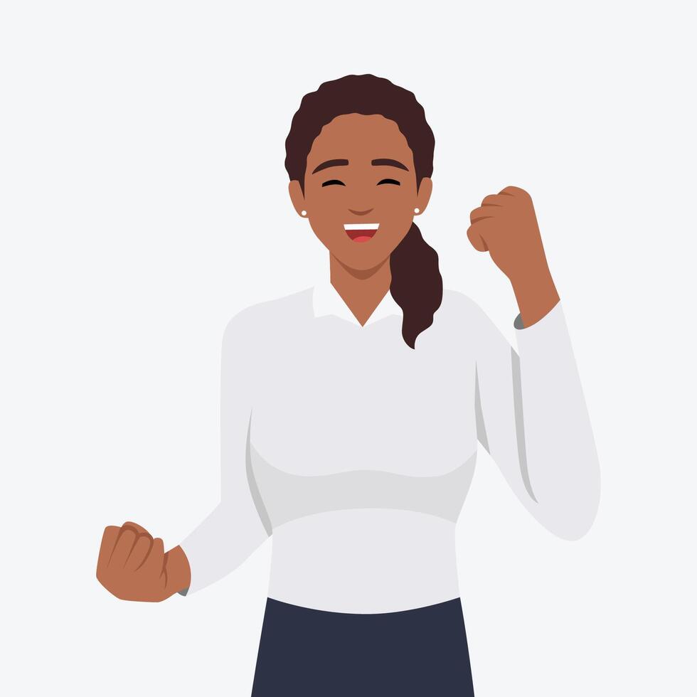 victorioso gesto de contento confidente mujer expresando positivo emoción. exitoso sonriente hembra personaje demostración fuerza con puños arriba vector