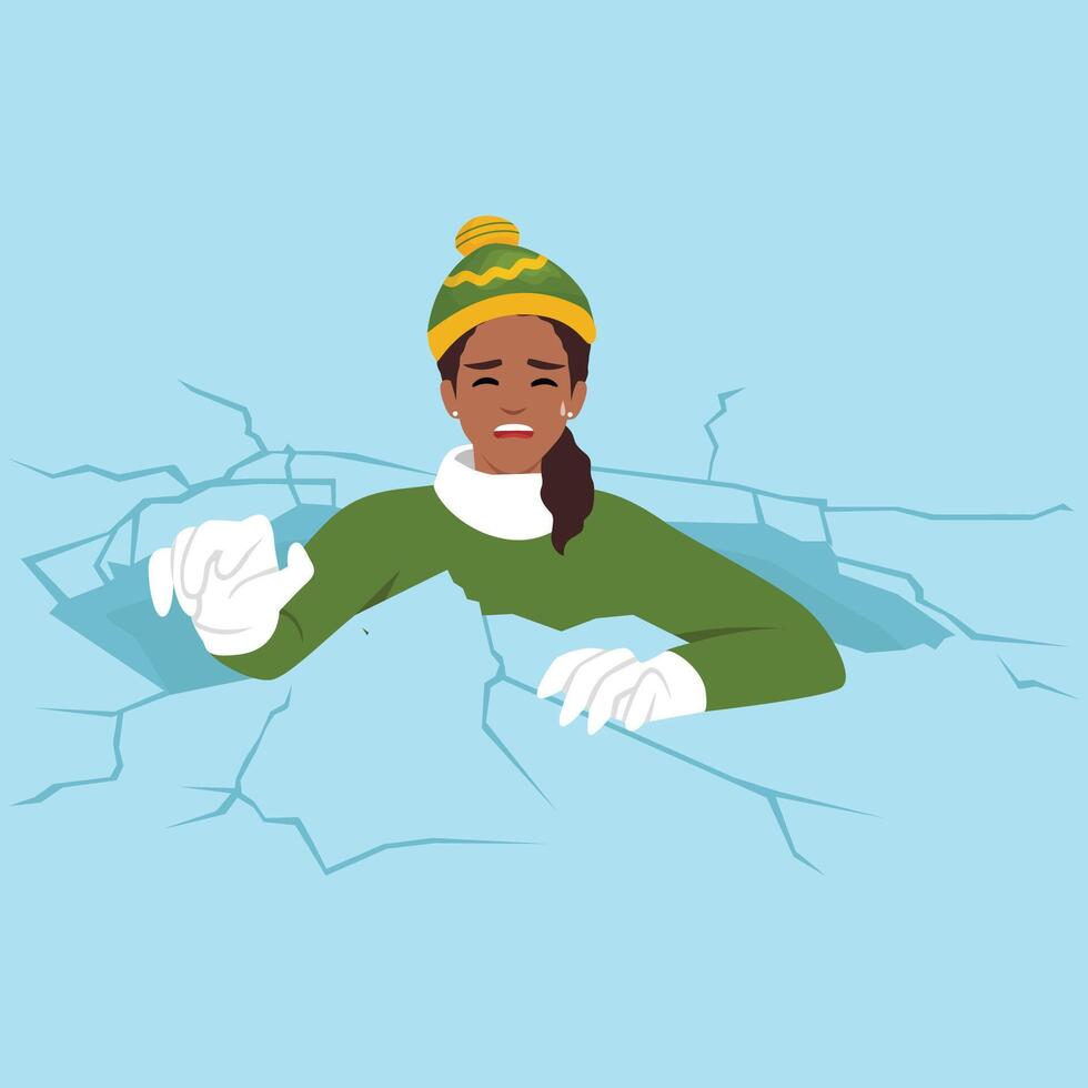 Drowning black woman is trying to get out of hole in which fell while walking on frozen lake. vector