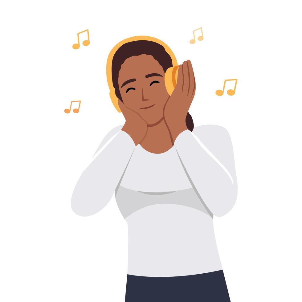 Beautiful black woman listening to music with white earphones vector