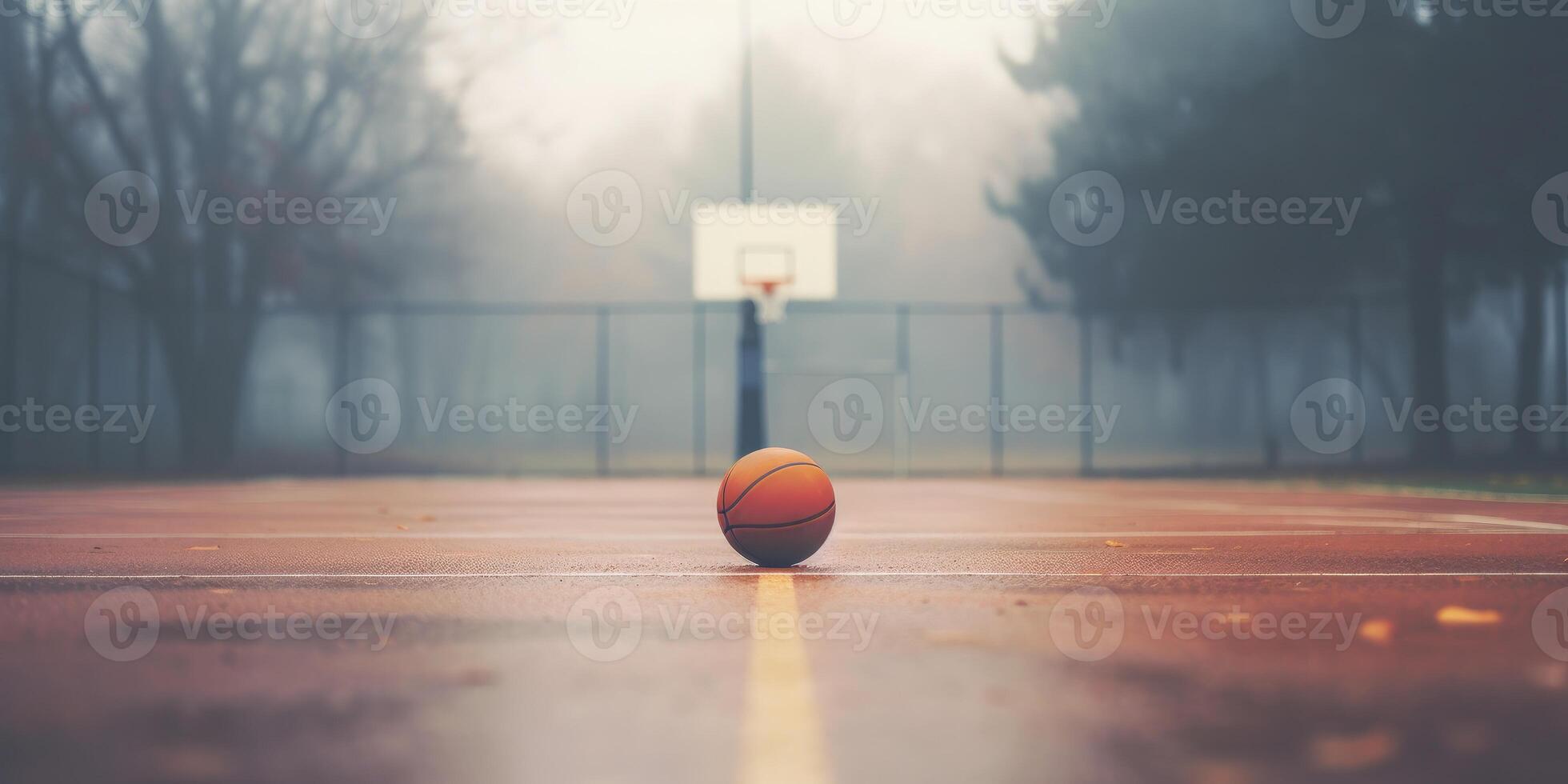 AI Generated Basketball on Urban Empty Court with Mist Background. Outside Streetball Playground. Generative AI photo