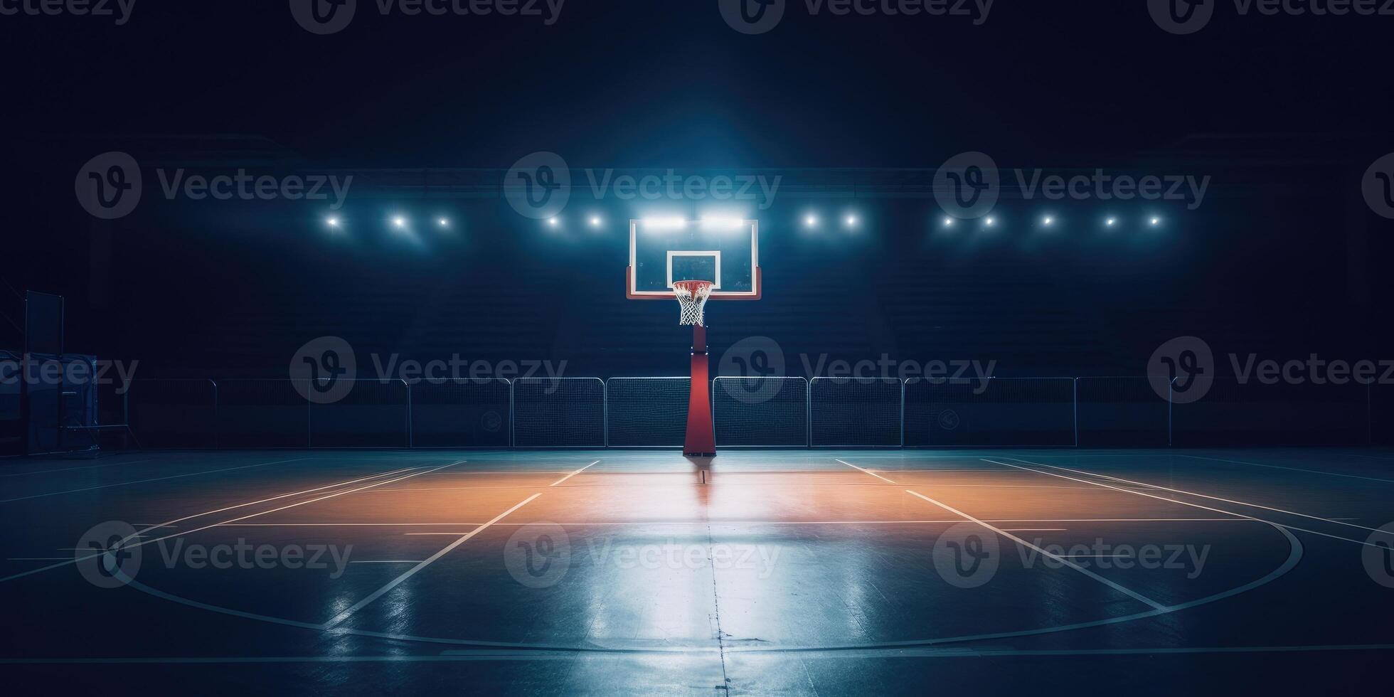 AI Generated Basketball Hoop in an Empty Indoor Dark Arena. Sport Game Stadium. Generative AI photo