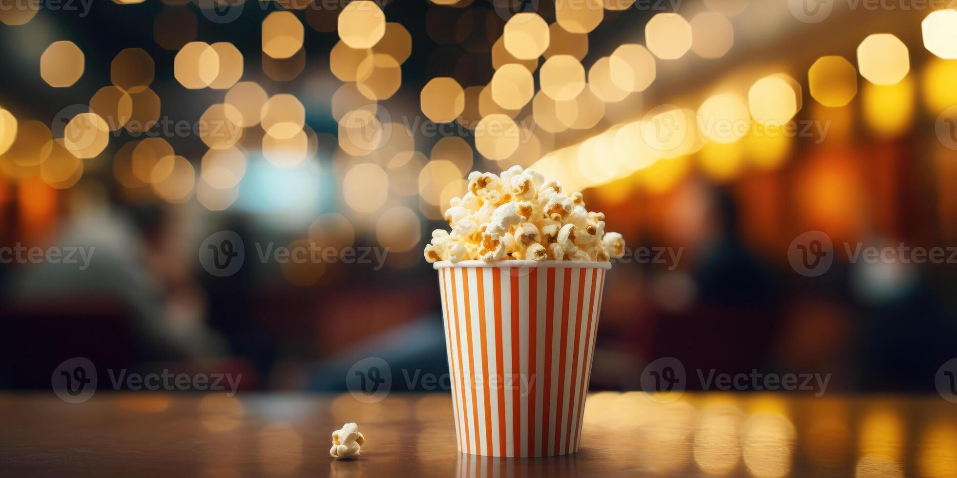 AI Generated Bucket Of Popcorn in Red and White Striped on Table With Blurry Lights on Background. Front View. Generative AI photo