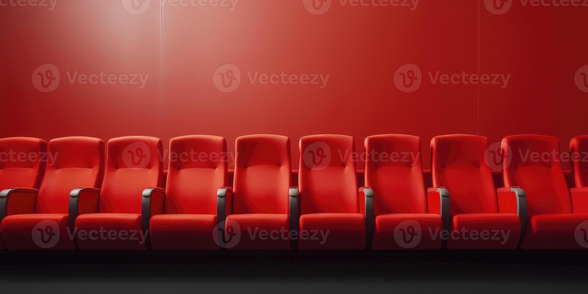 AI Generated Red Cinema Seats in Row. Empty Velvet Chairs for Concert on Red Background. Front View. Generative AI photo