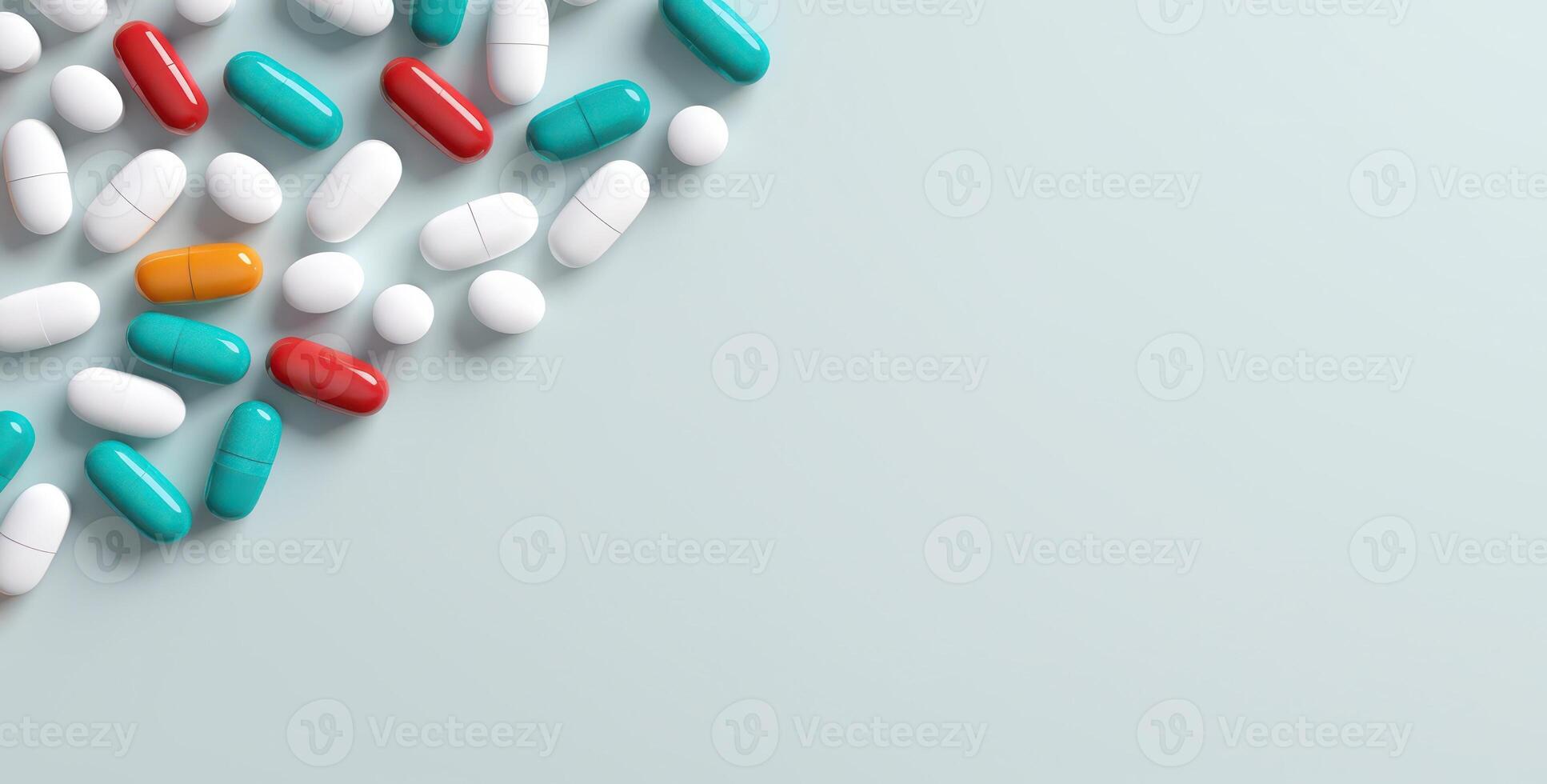 AI Generated Pharmaceutical Medications. Top View Of Pills and Capsules, Healthcare and Medicine Concept with Copy Space photo