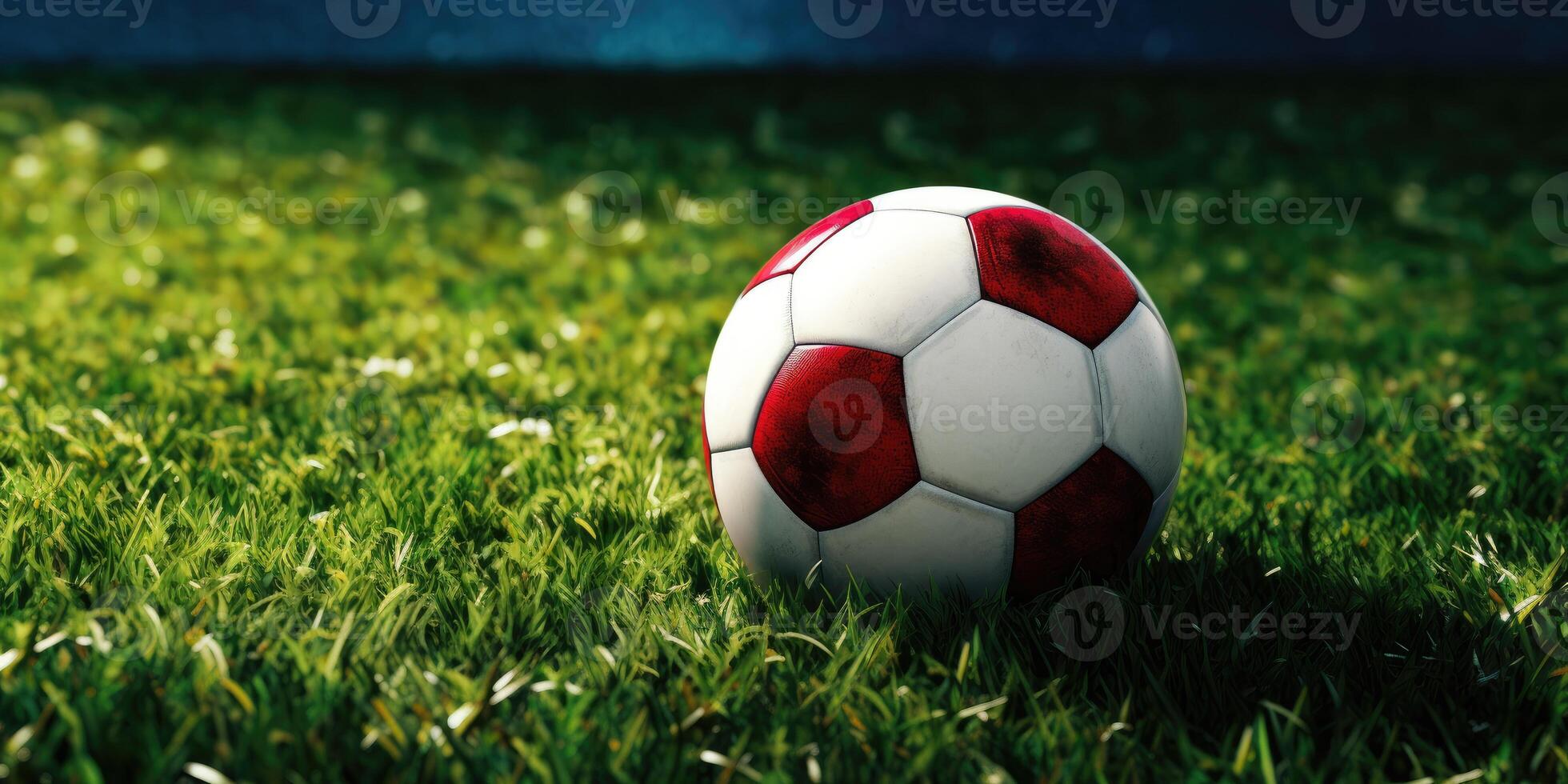 AI Generated Soccer Field with Vibrant Green Grass and Football Ball. Front View of Lawn with White and Red Soccer Ball. Generative AI photo