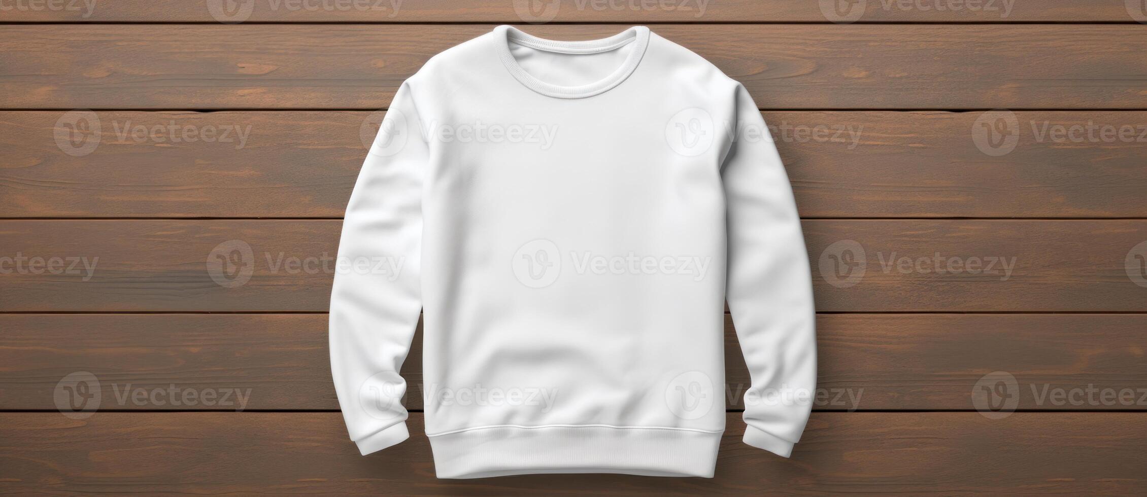 AI Generated White Sweatshirt On Wooden Background. Man's Casual Garment. Men Sweater, Blank Male Clothing For Advertising. photo