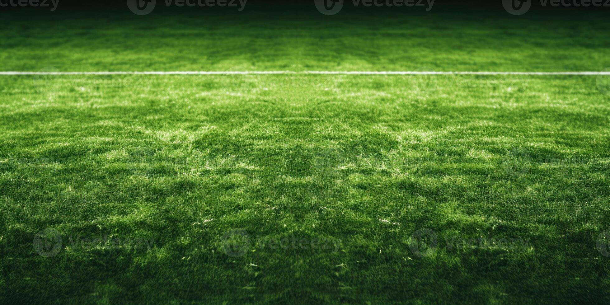 AI Generated Lush Green Soccer Field with White Line and Textured Grass Under Bright Light. Front View of Lawn for Baseball, Soccer, Football or Golf Game. Generative AI photo