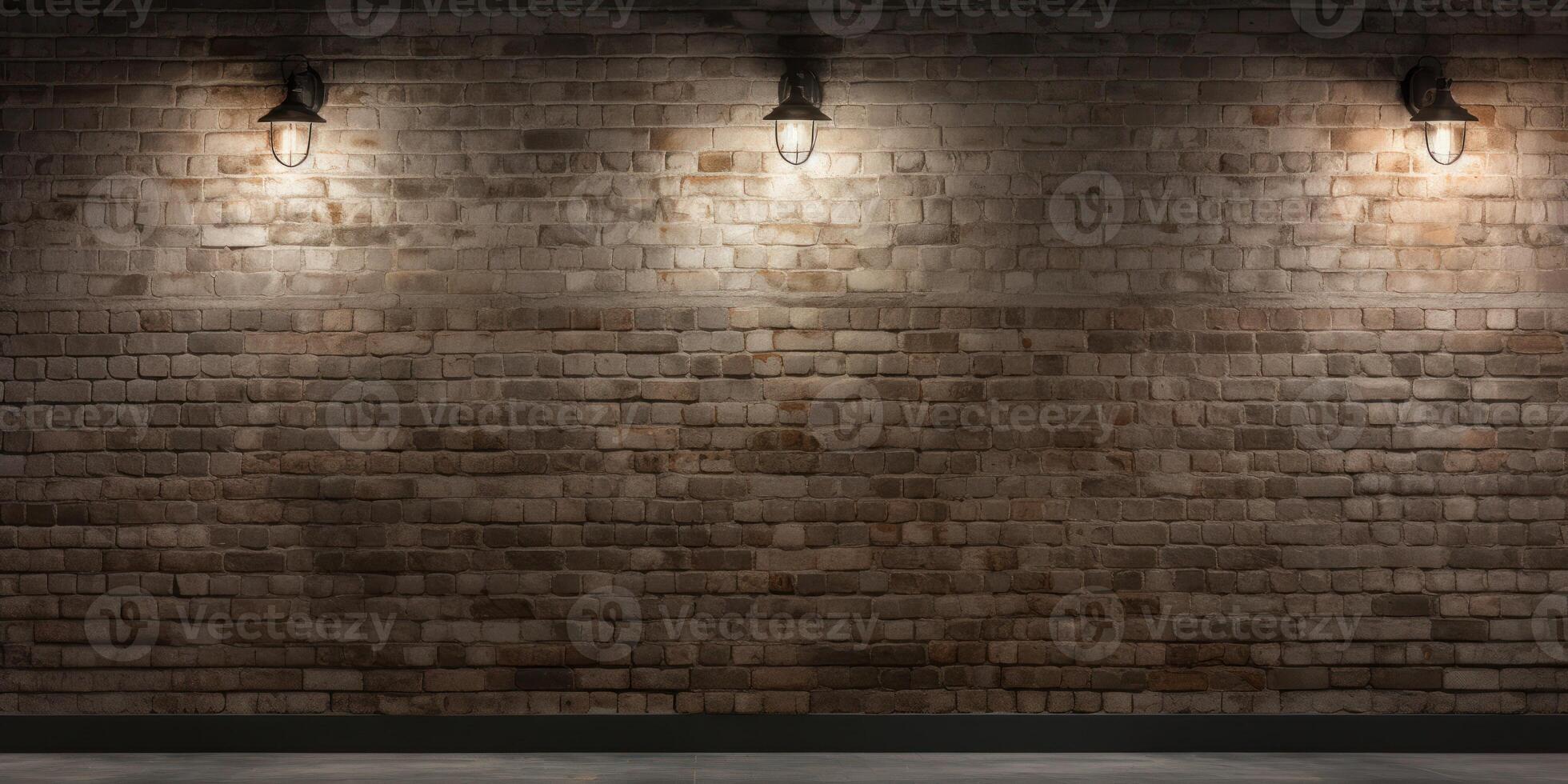 AI Generated Old Brick Wall Texture with Grunge Stone and Retro Bulb Light in Antique Room. Vintage Brickwork photo