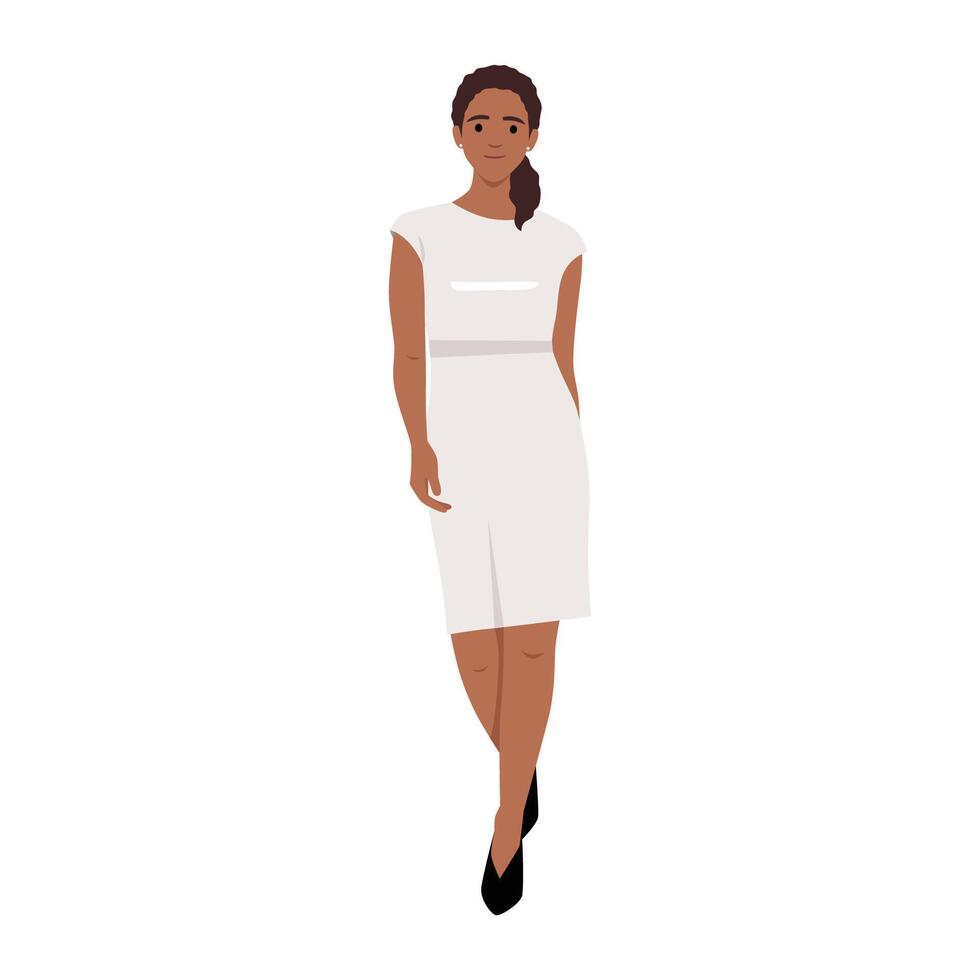 Beautiful black Smiling Female Model in red long dress vector illustration Fashion Woman Wearing white Dress Walking Girl