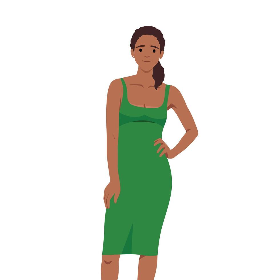 Vector fashion illustration of a beautiful young woman in a green party dress. Fashion model in a summer outfit