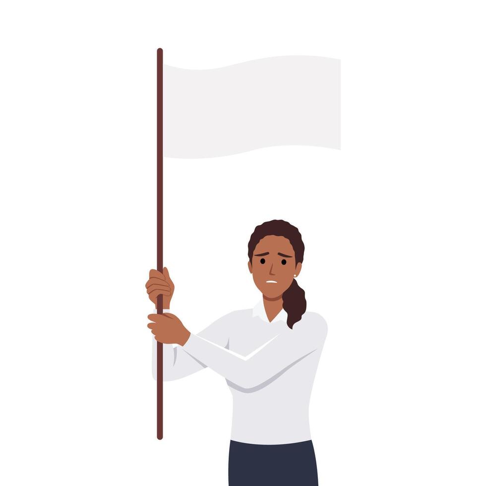 joven mujer sostiene blanco bandera de rendirse. vector