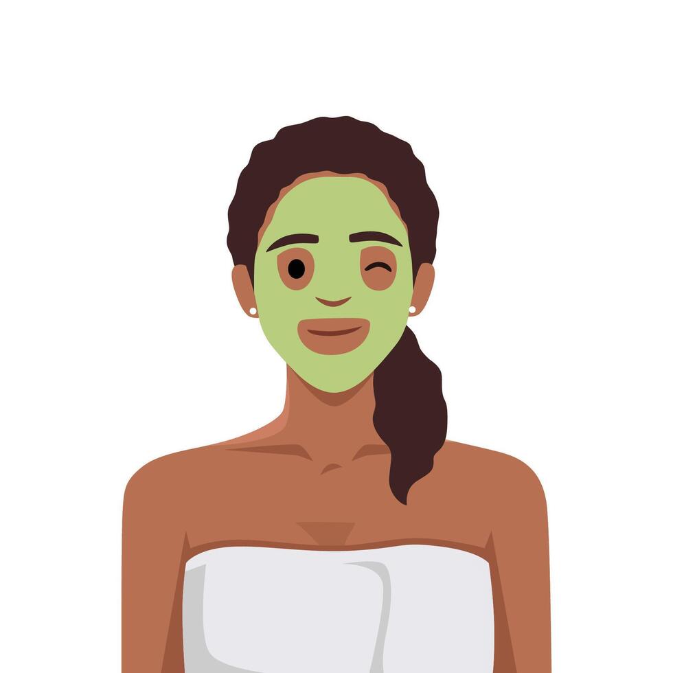 Woman with a cosmetic face mask. Smiling girl and wink portrait vector