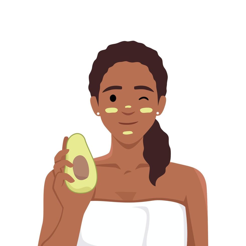 Black Woman in white towel after getting out of shower or bath recommends using avocado for cosmetic masks. Girl after completion of spa procedures demonstrates fruit that affects beauty vector