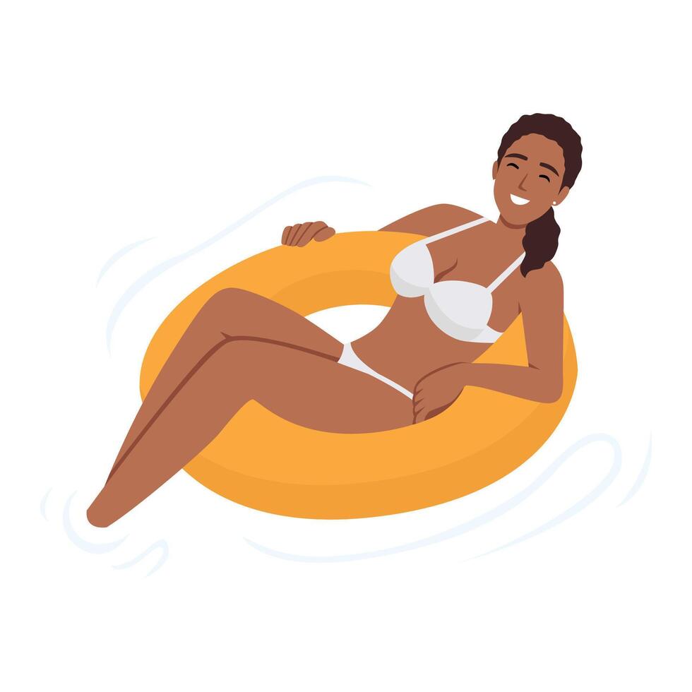 Woman relaxing on float swim ring. Flat style woman on vacation swimming in pool, resting or dreaming on water waves on inflatable ring or mattress vector
