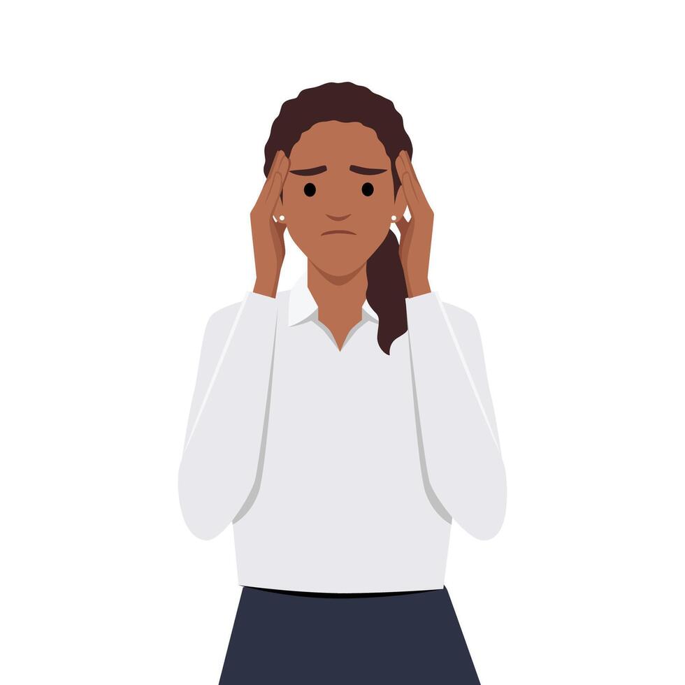 Stressed black desperate frustrated young woman or girl covering head with hands. Negative emotions headache or migraine and bad news illustration. vector