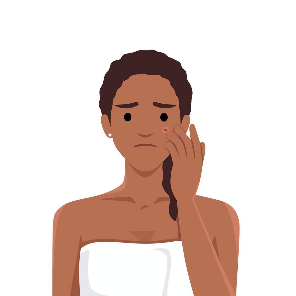 Young sad upset black woman character looking at mirror popping squeezing pimple at home. vector