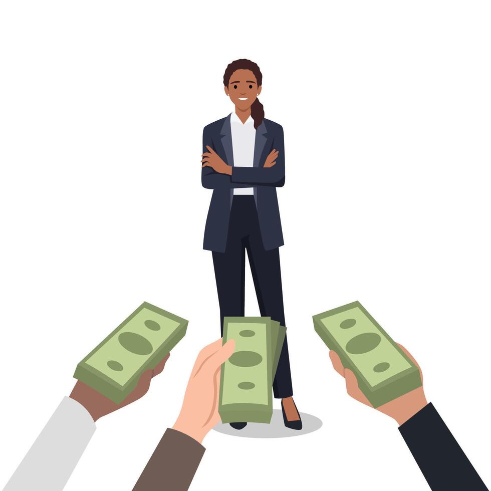 Woman popular specialist with money at human hands. Female demanded professional vector