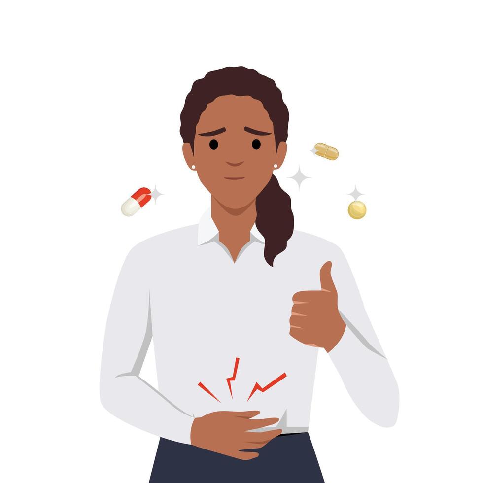 Unhealthy black woman suffer from stomachache and feel better after pill. Girl taking medication from belly pain. Medicine and pharmacology vector