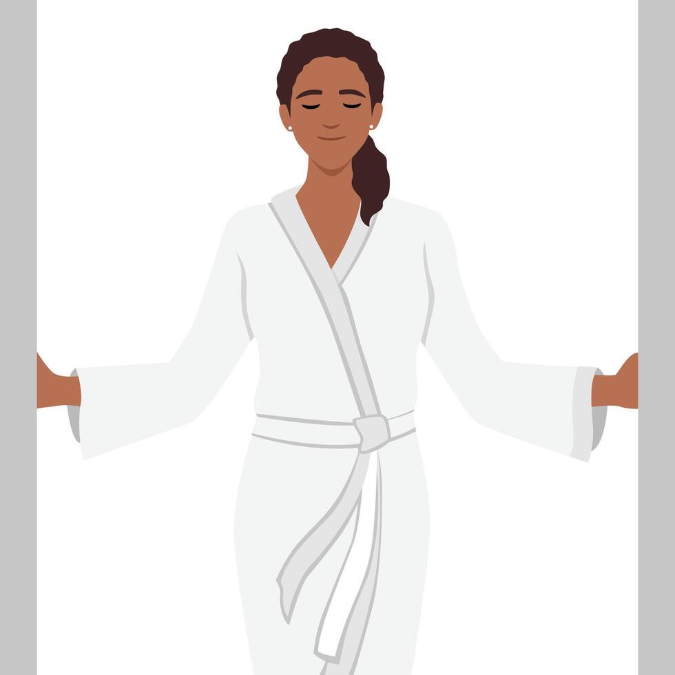 Black Woman in white coat comes out of shower with satisfied expression feels relieved and gratification. Girl in bathrobe while visiting SPA center looks forward to pleasant procedures vector